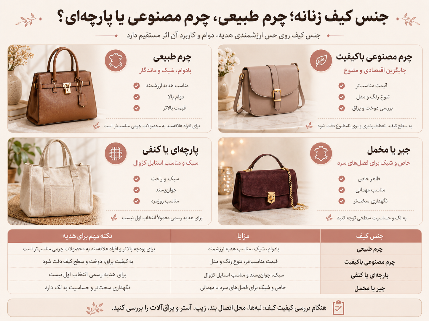 راهنمای خرید کیف زنانه برای هدیه 2 جنس کیف زنانه؛ چرم طبیعی، چرم مصنوعی یا پارچهای