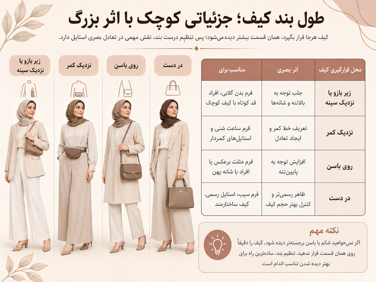 انتخاب کیف بر اساس قد و فرم بدن؛ راهنمای کاربردی برای خوش استایلتر دیده شدن 3 طول بند کیف