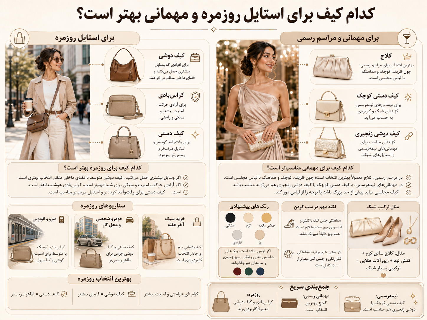 تفاوت کیف دستی، دوشی، کلاچ و کراسبادی؛ راهنمای کامل انتخاب کیف مناسب 5 کدام کیف برای استایل روزمره بهتر است