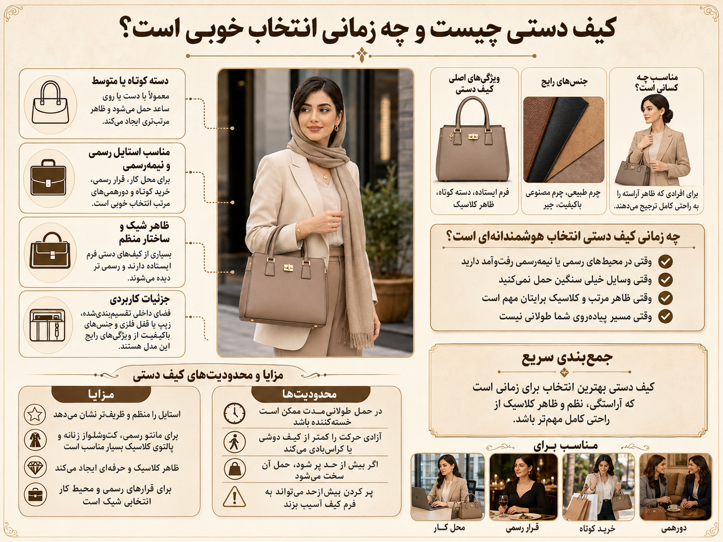 تفاوت کیف دستی، دوشی، کلاچ و کراسبادی؛ راهنمای کامل انتخاب کیف مناسب 1 کیف دستی چیست