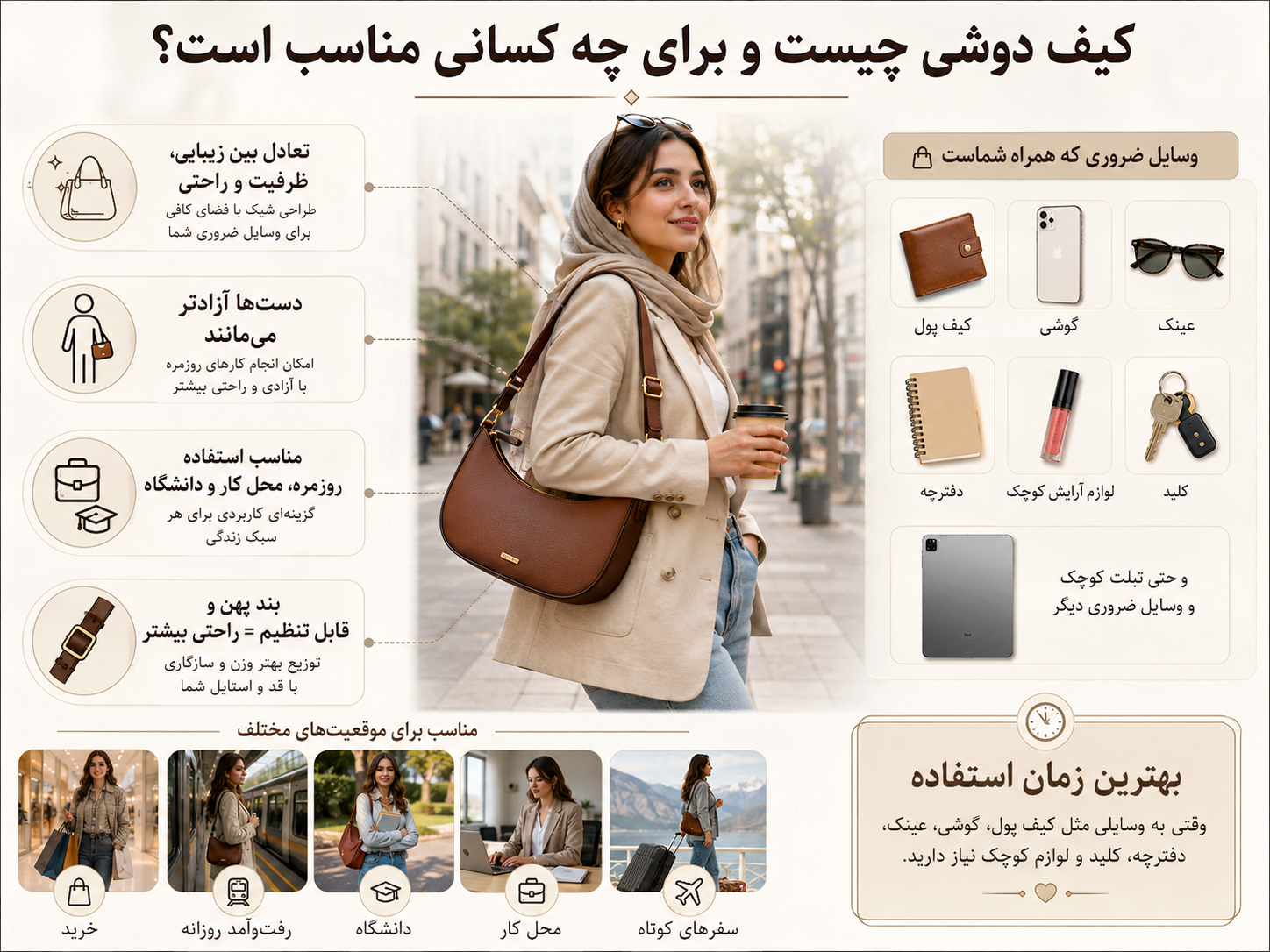تفاوت کیف دستی، دوشی، کلاچ و کراسبادی؛ راهنمای کامل انتخاب کیف مناسب 2 کیف دوشی چیست