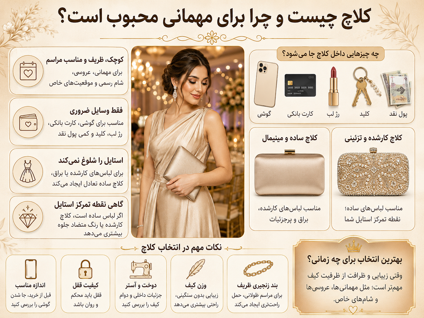 تفاوت کیف دستی، دوشی، کلاچ و کراسبادی؛ راهنمای کامل انتخاب کیف مناسب 3 کیف کلاچ چیست